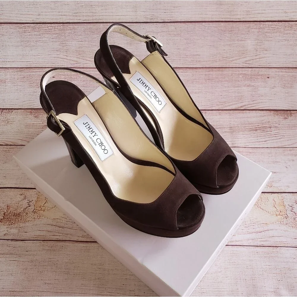 JIMMY CHOO Lexy Suede Platform Lucite Heels Slingback Slip On Women Size 38 1/2